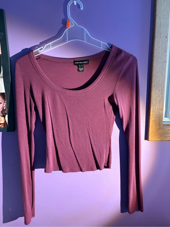 Tops - Burgundy Swoop-Neck Long Sleeve Ribbed